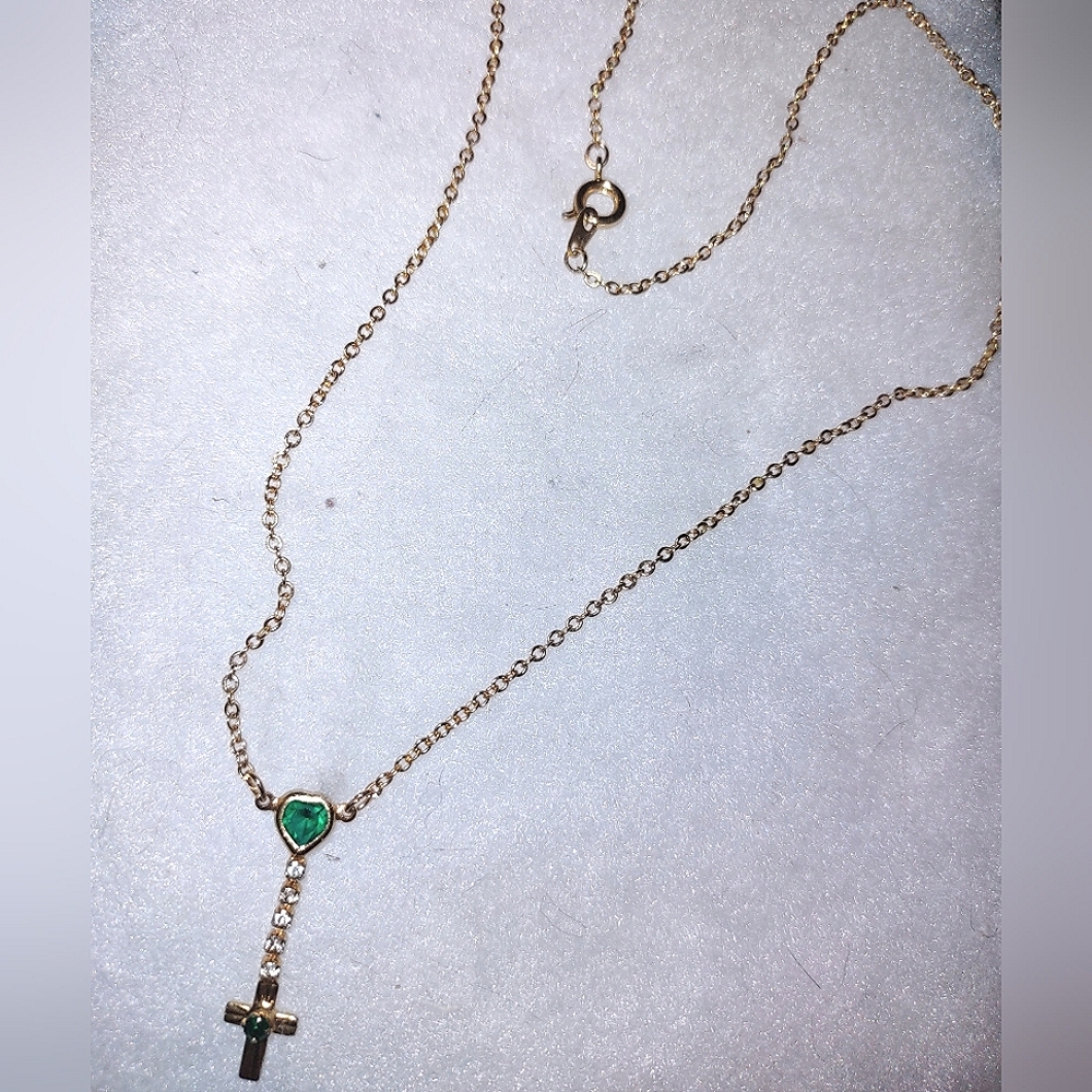 Emerald Green Heart + Connected Dangling Gold Cross Necklace - Picture 3 of 15